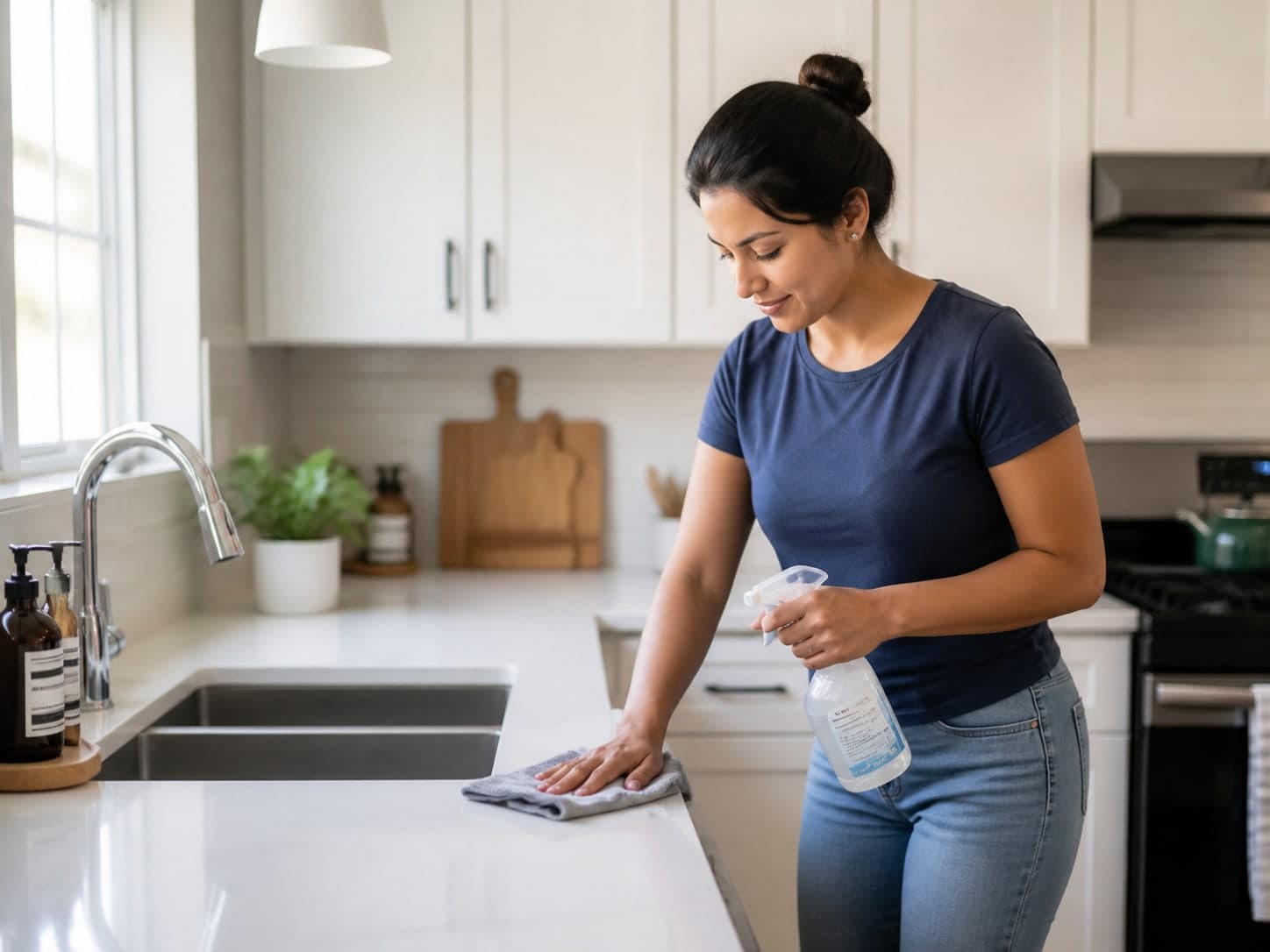 Cleaner wiping a kitchen counter inside a residential home